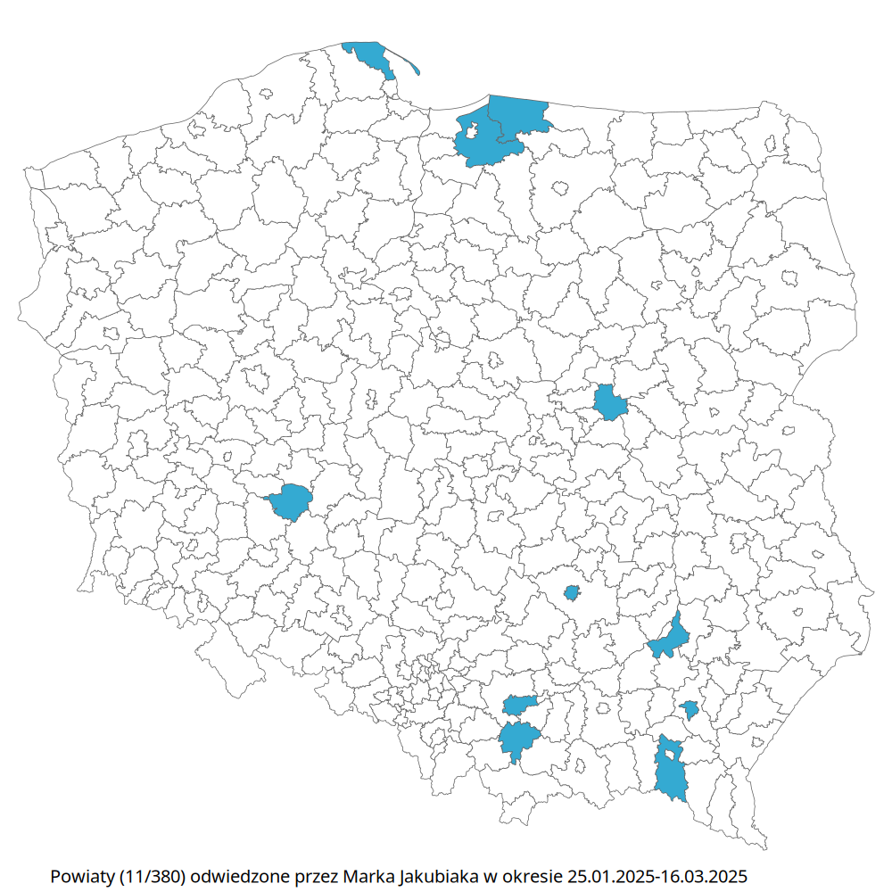 Marek Jakubiak - mapa podróży w kampanii 2025